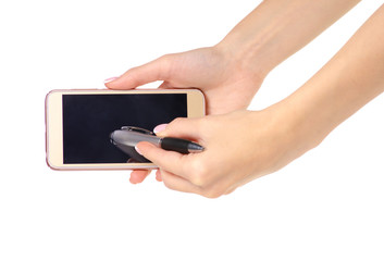 Mobile phone smartphone stylus pen in hand on a white background isolation