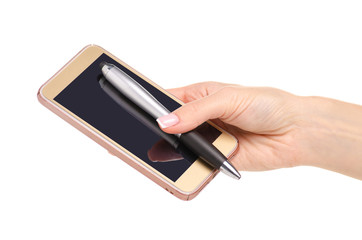 Mobile phone smartphone stylus pen in hand on a white background isolation