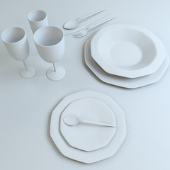 Abstract illustration of a set of dishes in white colors. Plates, glasses, spoons, fork, knife on the table. 3D illustration.