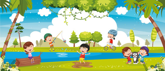 Vector Illustration Of Kids Playing Outside