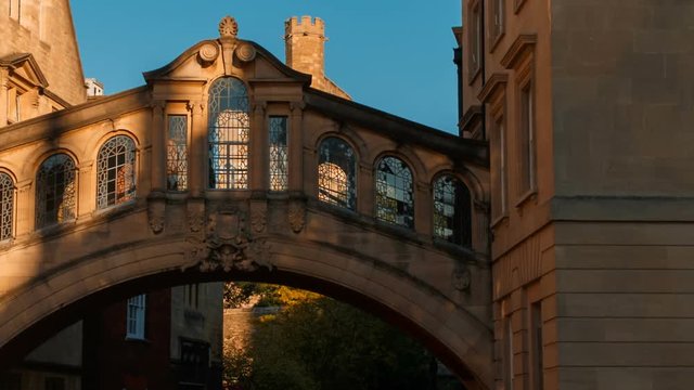 Sunset view of the famous Bridge of Sighs in Oxford, England, UK. Also known as Hertford Bridge, the Bridge of Sighs is a skyway