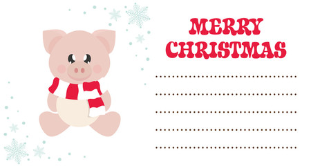 cartoon cute pig with scarf sitting on the christmas card