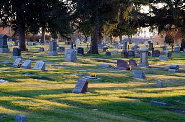cemetery at sunset, cemetery, gravestones, markers, death, died, grass,shadows, granite, stone, plots 