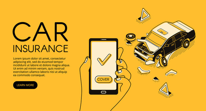 Car insurance service vector illustration of vehicle accident crash and driver recovery assistance on smartphone mobile application. Isometric black thin line web banner on yellow halftone background