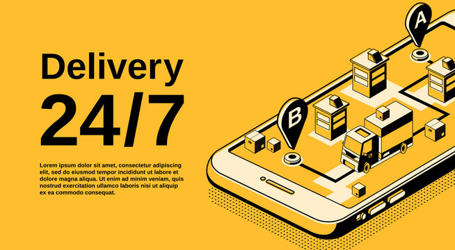 Delivery service 24 7 vector illustration of logistics shipping tracking technology. Order parcel and car truck on smartphone navigation map in isometric thin line design on black and yellow halftone
