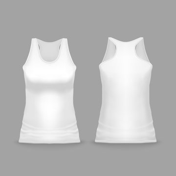 White Female Sport Tank Top Vector Illustration Of 3d Realistic Casual Or Sportswear Or T-shirt Mockup Model For Promo Branding. Isolated Template Of Sleeveless Woman Vest Or Gym Wear For Print Design