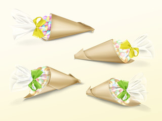Vector realistic set of paper cone bags with colorful candies dragee and yellow and green silk ribbons. Hand made packaging for sweet snacks, gifts and souvenirs twisted from kraft paper