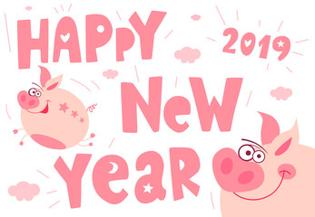 Cute cartoon piggy flying character, funny, smile, nose, heart, piglet, pink. Greeting cards, lettering, asian symbol mascot Year of Pig Design Chinese New Year 2019. Hand drawn vector