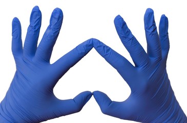 hands are clothed in rubber gloves on a white background