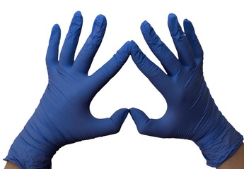 hands are clothed in rubber gloves on a white background