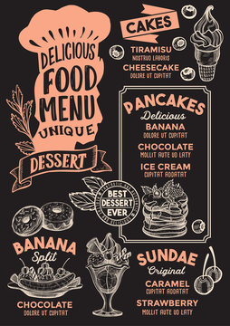 Dessert food menu template for restaurant with chefs hat lettering.