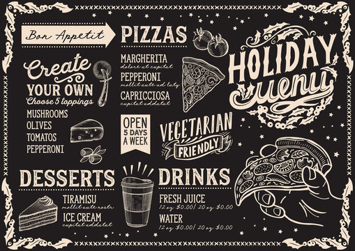 Christmas menu template for pizza restaurant on blackboard.