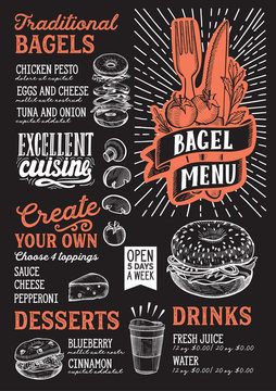Bagel and sandwich menu food template for restaurant with doodle hand-drawn graphic.