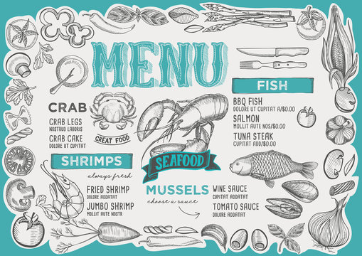 Seafood menu for restaurant with frame of doodle vegetables.
