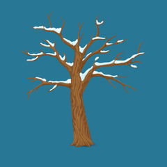 Single bare tree with snow covered branches isolated on blue background. Winter, late autumn season icon, symbol.