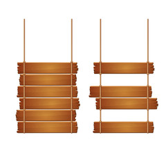 Two hanging wooden signs isolated on a white background. Old planks fastened with rope.