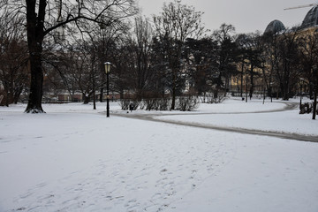Snowy park. Huge snowfall on Vienna, Austria