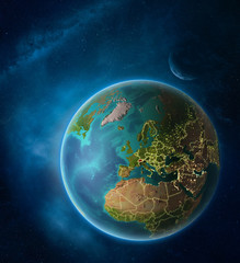 Planet Earth with highlighted Switzerland in space with Moon and Milky Way. Visible city lights and country borders.