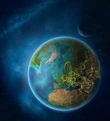 Planet Earth with highlighted Denmark in space with Moon and Milky Way. Visible city lights and country borders.
