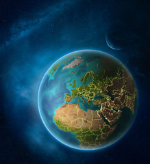 Planet Earth with highlighted Albania in space with Moon and Milky Way. Visible city lights and country borders.