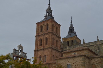 Obraz premium Bell Tower Of The Cathedral In Astorga. Architecture, History, Camino De Santiago, Travel, Street Photography. November 1, 2018. Astorga, Leon, Castilla-Leon, Spain.