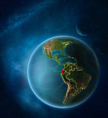 Planet Earth with highlighted Ecuador in space with Moon and Milky Way. Visible city lights and country borders.