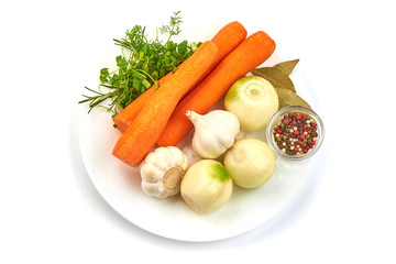 Ingredients for Cooking, Carrot, Onion, Pepper, Garlic and spices, isolated on a white background.