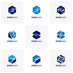 Set of Sport symbol design, Fitness people icon vector logo, speed fitness, running, swimming, jumping logotype, hexagon people