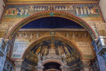 Fototapeta na wymiar Interior with byzantine mosaics in the Basilica of Saint Praxedes (Santa Prassede) in Rome, Italy