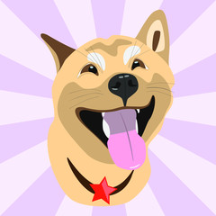 The painted smiling and joyful dog head on pink rays background. 