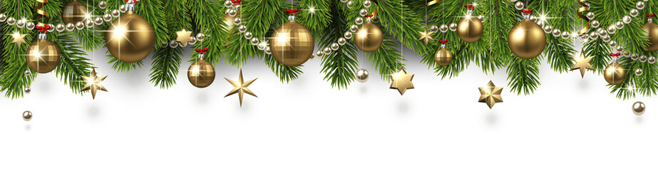Christmas and New Year banner with fir branches and gold Christmas decorations.