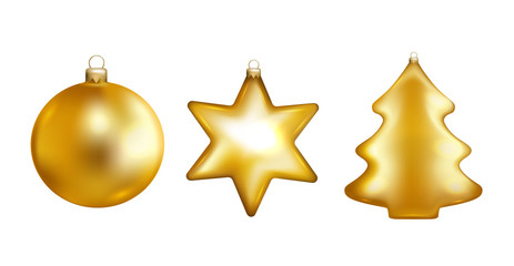 Gold christmas toys. Bauble, star, fir tree. Vector illustration.