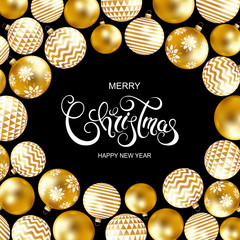 Merry Christmas and Happy New Year card with gold baubles. Vector illustration.
