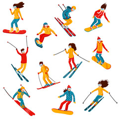 Vector skiers and snowboarders cartoon flat style. Men and women in the ski resort. Winter sport activity. Simple characters. Isolated on white background