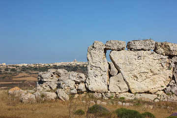 Big stones of Ggantija Temples and view of island Gozo