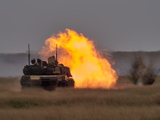 Fototapeta premium GALATI, ROMANIA - APRIL 20, 2017 : american and romanian soldiers during JUSTICE EAGLE military exercise in Smardan polygon from Galati county, Romania; 20 APRIL 2017