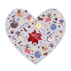 Cute christmas heart shape illustration with traditional christmas decorations, desserts, toys and sweets, isolated on white background
