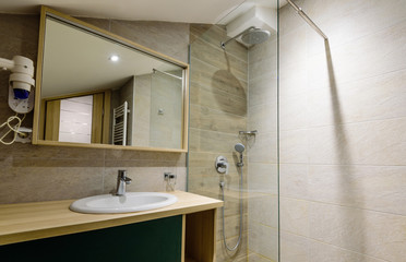 The interior of the bathroom in a hotel room
