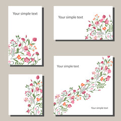 Floral spring templates with flowers. For romantic and easter spring design, announcements, greeting cards, posters, advertisement.