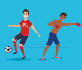 men practicing soccer and boxing