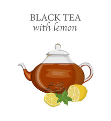 Teapot with a black tea and lemon