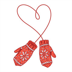 Red knitted Christmas mittens isolated on white background
