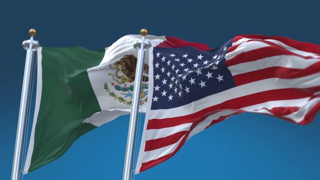 4k Seamless United States of America And Mexico Flags with blue sky background,A fully digital rendering,The flag 3D animation loops at 20 seconds,USA MEX.