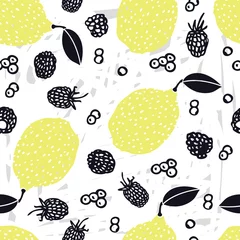 Stickers pour porte Citrons Collection alimentaire citrons dessinés à la main myrtille et mûres modèle sans couture