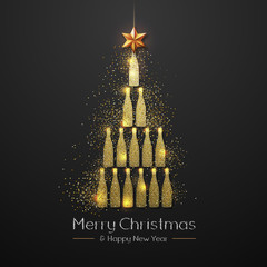 Christmas poster with golden champagne bottle. Golden Christmas tree on black background