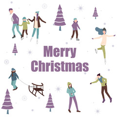 White Merry Christmas card with happy people and winter activities.