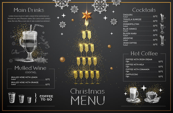 Christmas menu design with golden champagne glasses. Restaurant menu. Pyramid of champagne glasses
