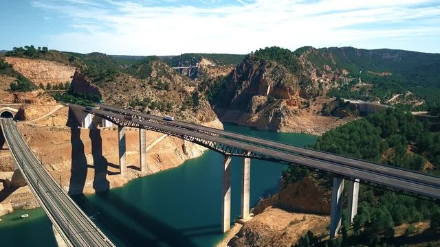 Aerial view of highway and railway bridges in Spain