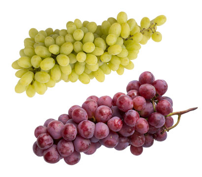 Pink and green grapes isolated on white background. Top view. Bunch of pink grape and green grapes Kishmish isolated on white background. Red grape isolated on the white background.