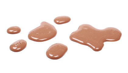 Spilled chocolate milk puddle isolated on white background